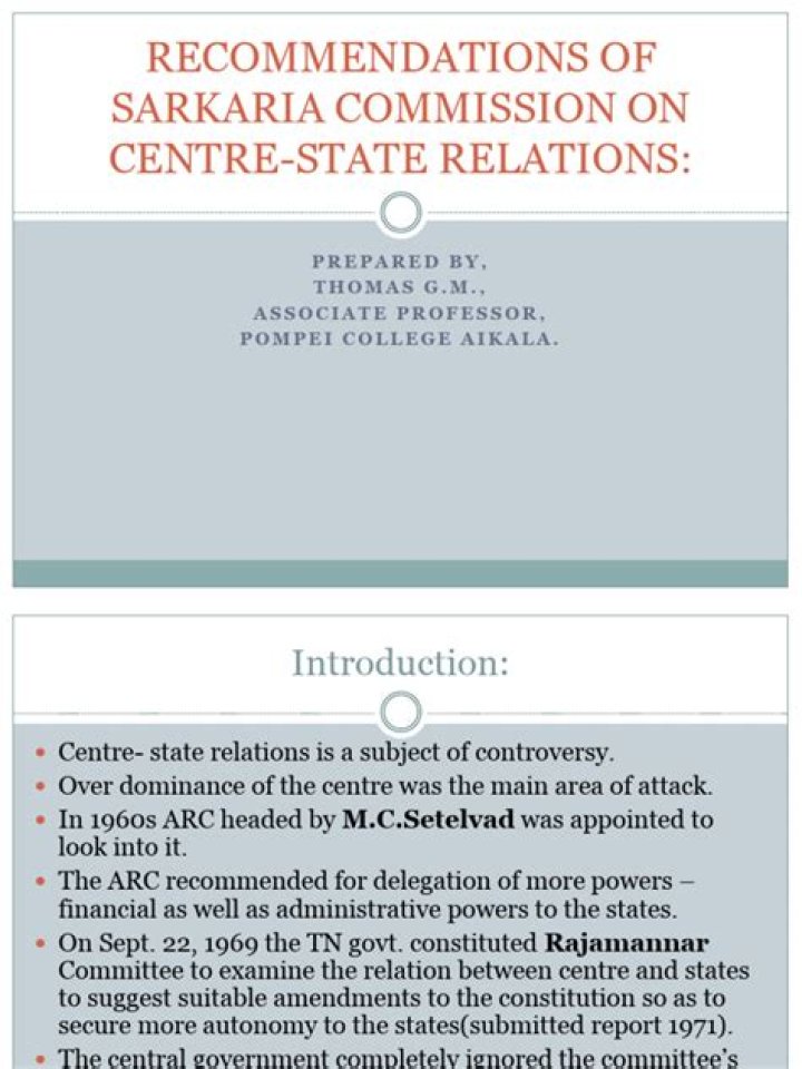 What are the main recommendations of the sarkaria commission describe?