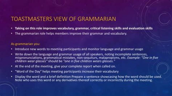 What is the role of grammarian in toastmasters?